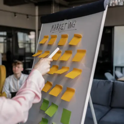 Hand pointing at marketing plan on a whiteboard